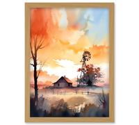 Artery8 Sunrise Clouds over Countryside Farmhouse Cabin with Old Windmill Tower Modern Watercolour Painting Artwork Framed Wall Art Print A4