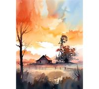 Artery8 Sunrise Clouds over Countryside Farmhouse Cabin with Old Windmill Tower Modern Watercolour Painting Extra Large XL Wall Art Poster Print