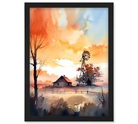 Artery8 Sunrise Clouds over Countryside Farmhouse Cabin with Old Windmill Tower Modern Watercolour Painting Artwork Framed Wall Art Print A4