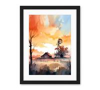 Artery8 Sunrise Clouds over Countryside Farmhouse Cabin with Old Windmill Tower Modern Watercolour Painting Artwork Framed Wall Art Print 18X24 Inch