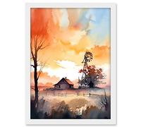 Artery8 Sunrise Clouds over Countryside Farmhouse Cabin with Old Windmill Tower Modern Watercolour Painting Artwork Framed A3 Wall Art Print