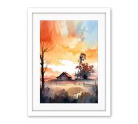 Artery8 Sunrise Clouds over Countryside Farmhouse Cabin with Old Windmill Tower Modern Watercolour Painting Artwork Framed Wall Art Print 18X24 Inch