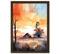 Artery8 Sunrise Clouds over Countryside Farmhouse Cabin with Old Windmill Tower Modern Watercolour Painting Artwork Framed A3 Wall Art Print