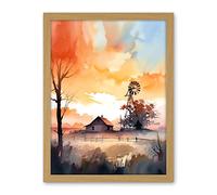 Artery8 Sunrise Clouds over Countryside Farmhouse Cabin with Old Windmill Tower Modern Watercolour Painting Artwork Framed Wall Art Print 18X24 Inch