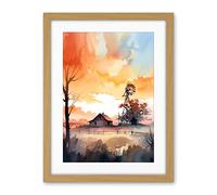 Artery8 Sunrise Clouds over Countryside Farmhouse Cabin with Old Windmill Tower Modern Watercolour Painting Artwork Framed Wall Art Print 18X24 Inch