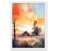 Artery8 Sunrise Clouds over Countryside Farmhouse Cabin with Old Windmill Tower Modern Watercolour Painting Artwork Framed Wall Art Print A4 in White Artery8 White