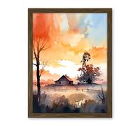 Artery8 Sunrise Clouds over Countryside Farmhouse Cabin with Old Windmill Tower Modern Watercolour Painting Artwork Framed Wall Art Print 18X24 Inch