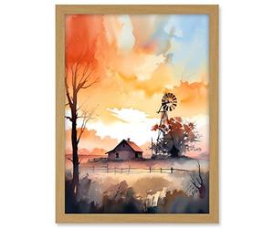 Artery8 Sunrise Clouds over Countryside Farmhouse Cabin with Old Windmill Tower Modern Watercolour Painting Artwork Framed A3 Wall Art Print
