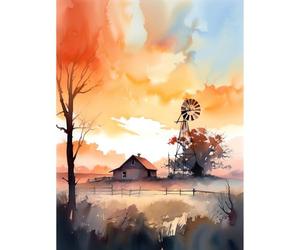 Artery8 Sunrise Clouds over Countryside Farmhouse Cabin with Old Windmill Tower Modern Watercolour Painting Large Wall Art Poster Print Thick Paper 18X24 Inch