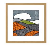 Artery8 Sunrise in Abstract Fields in the Countryside Modern Linocut Style Painting Square Wooden Framed Wall Art Print Picture 8X8 Inch in Light Oak Artery8 Light Oak
