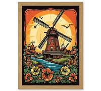 Artery8 Sunrise Landscape Dutch Windmills and Flowers Rockabilly Americana 50s Artwork Framed A3 Wall Art Print