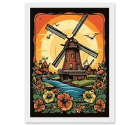 Artery8 Sunrise Landscape Dutch Windmills and Flowers Rockabilly Americana 50s Artwork Framed Wall Art Print A4