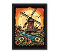 Artery8 Sunrise Landscape Dutch Windmills and Flowers Rockabilly Americana 50s Artwork Framed Wall Art Print 18X24 Inch