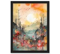 Artery8 Sunrise Over Misty Mountain Forest Landscape Modern Watercolour Painting Artwork Framed A3 Wall Art Print