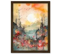 Artery8 Sunrise Over Misty Mountain Forest Landscape Modern Watercolour Painting Artwork Framed A3 Wall Art Print