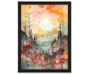 Artery8 Sunrise Over Misty Mountain Forest Landscape Modern Watercolour Painting Artwork Framed A3 Wall Art Print