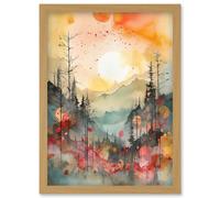 Sunrise Over Misty Mountain Forest Landscape Modern Watercolour Painting Artwork Framed Wall Art Print A4 Artery8 Light Oak One Size