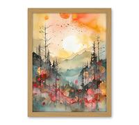 Artery8 Sunrise Over Misty Mountain Forest Landscape Modern Watercolour Painting Artwork Framed Wall Art Print 18X24 Inch