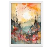 Artery8 Sunrise Over Misty Mountain Forest Landscape Modern Watercolour Painting Artwork Framed Wall Art Print A4