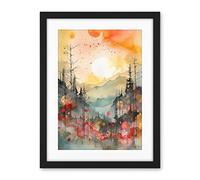 Artery8 Sunrise Over Misty Mountain Forest Landscape Modern Watercolour Painting Artwork Framed Wall Art Print 18X24 Inch