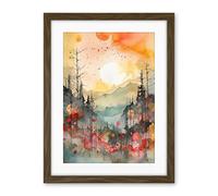 Artery8 Sunrise Over Misty Mountain Forest Landscape Modern Watercolour Painting Artwork Framed Wall Art Print 18X24 Inch