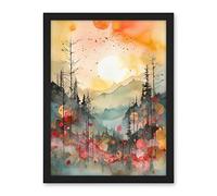 Artery8 Sunrise Over Misty Mountain Forest Landscape Modern Watercolour Painting Artwork Framed Wall Art Print 18X24 Inch