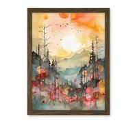 Artery8 Sunrise Over Misty Mountain Forest Landscape Modern Watercolour Painting Artwork Framed Wall Art Print 18X24 Inch