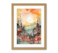 Artery8 Sunrise Over Misty Mountain Forest Landscape Modern Watercolour Painting Artwork Framed Wall Art Print 18X24 Inch