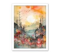 Artery8 Sunrise Over Misty Mountain Forest Landscape Modern Watercolour Painting Artwork Framed Wall Art Print 18X24 Inch