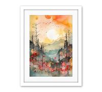 Artery8 Sunrise Over Misty Mountain Forest Landscape Modern Watercolour Painting Artwork Framed Wall Art Print 18X24 Inch