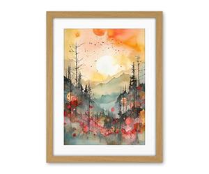 Artery8 Sunrise Over Misty Mountain Forest Landscape Modern Watercolour Painting Artwork Framed Wall Art Print 18X24 Inch