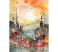 Artery8 Sunrise Over Misty Mountain Forest Landscape Modern Watercolour Painting Large Wall Art Poster Print Thick Paper 18X24 Inch