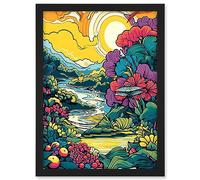 Artery8 Sunrise over Polynesian River Landscape Vibrant Tropical Nature Polka Dot Halftone Artwork Framed A3 Wall Art Print
