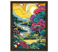 Artery8 Sunrise over Polynesian River Landscape Vibrant Tropical Nature Polka Dot Halftone Artwork Framed Wall Art Print A4