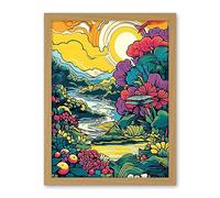 Artery8 Sunrise over Polynesian River Landscape Vibrant Tropical Nature Polka Dot Halftone Artwork Framed Wall Art Print 18X24 Inch