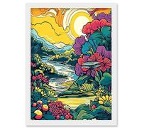 Artery8 Sunrise over Polynesian River Landscape Vibrant Tropical Nature Polka Dot Halftone Artwork Framed Wall Art Print A4