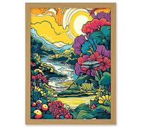 Artery8 Sunrise over Polynesian River Landscape Vibrant Tropical Nature Polka Dot Halftone Artwork Framed A3 Wall Art Print