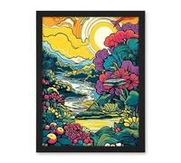 Artery8 Sunrise over Polynesian River Landscape Vibrant Tropical Nature Polka Dot Halftone Artwork Framed Wall Art Print 18X24 Inch