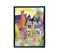 Artery8 Sunrise Over Tudor Houses Floral Framed Canvas Wall Art Print | Size: W24" x H32" Artery8 Multicolor W24" x H32"