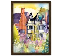 Artery8 Sunrise Over Tudor Houses and Spring Blossoms Modern Watercolour Painting Artwork Framed Wall Art Print A4