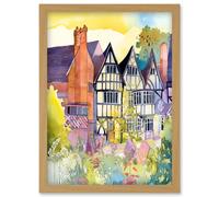 Artery8 Sunrise Over Tudor Houses & Spring Blossoms Modern Watercolour Painting Artwork Framed Wall Art Print A4 in Light Oak Artery8 Light Oak