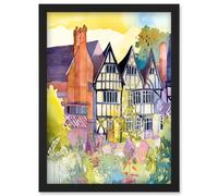 Artery8 Sunrise Over Tudor Houses and Spring Blossoms Modern Watercolour Painting Artwork Framed Wall Art Print A4