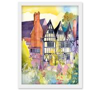 Artery8 Sunrise Over Tudor Houses and Spring Blossoms Modern Watercolour Painting Artwork Framed Wall Art Print A4