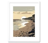 Artery8 Sunrise Walk on Filey Beach Coastal Illustration Artwork Framed Wall Art Print 12X16 Inch