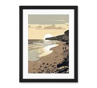Artery8 Sunrise Walk on Filey Beach Coastal Illustration Artwork Framed Wall Art Print 18X24 Inch