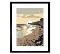 Artery8 Sunrise Walk on Filey Beach Coastal Illustration Artwork Framed Wall Art Print 9X7 Inch
