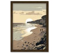 Sunrise Walk on Filey Beach Coastal Illustration Artwork Framed Wall Art Print A4 Artery8 Brown One Size