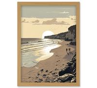 Sunrise Walk on Filey Beach Coastal Illustration Artwork Framed Wall Art Print A4 Artery8 Light Oak One Size
