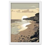 Sunrise Walk on Filey Beach Coastal Illustration Artwork Framed Wall Art Print A4 Artery8 White One Size
