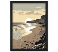 Sunrise Walk on Filey Beach Coastal Illustration Artwork Framed Wall Art Print A4 Artery8 Black One Size
